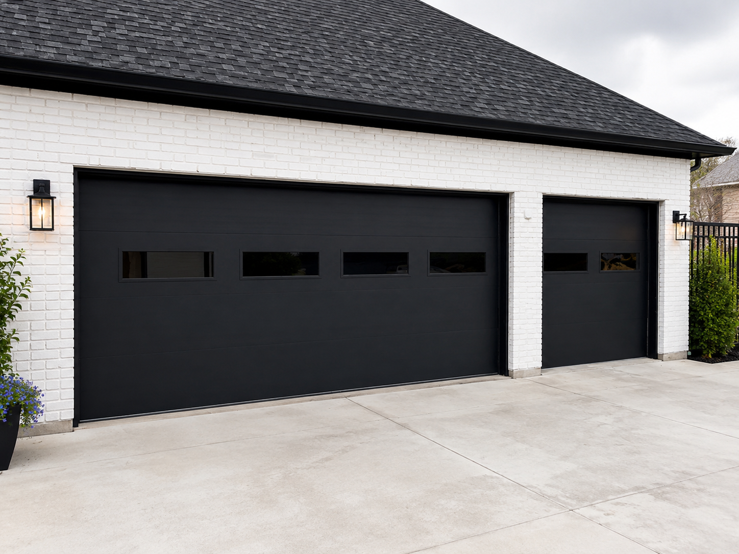 Contemporary black steel garage door on a modern Napa Valley wine-country home